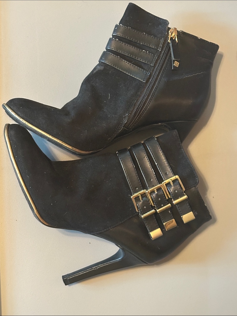 Women's Black Suede Ankle Booties with Gold Buckle Accents